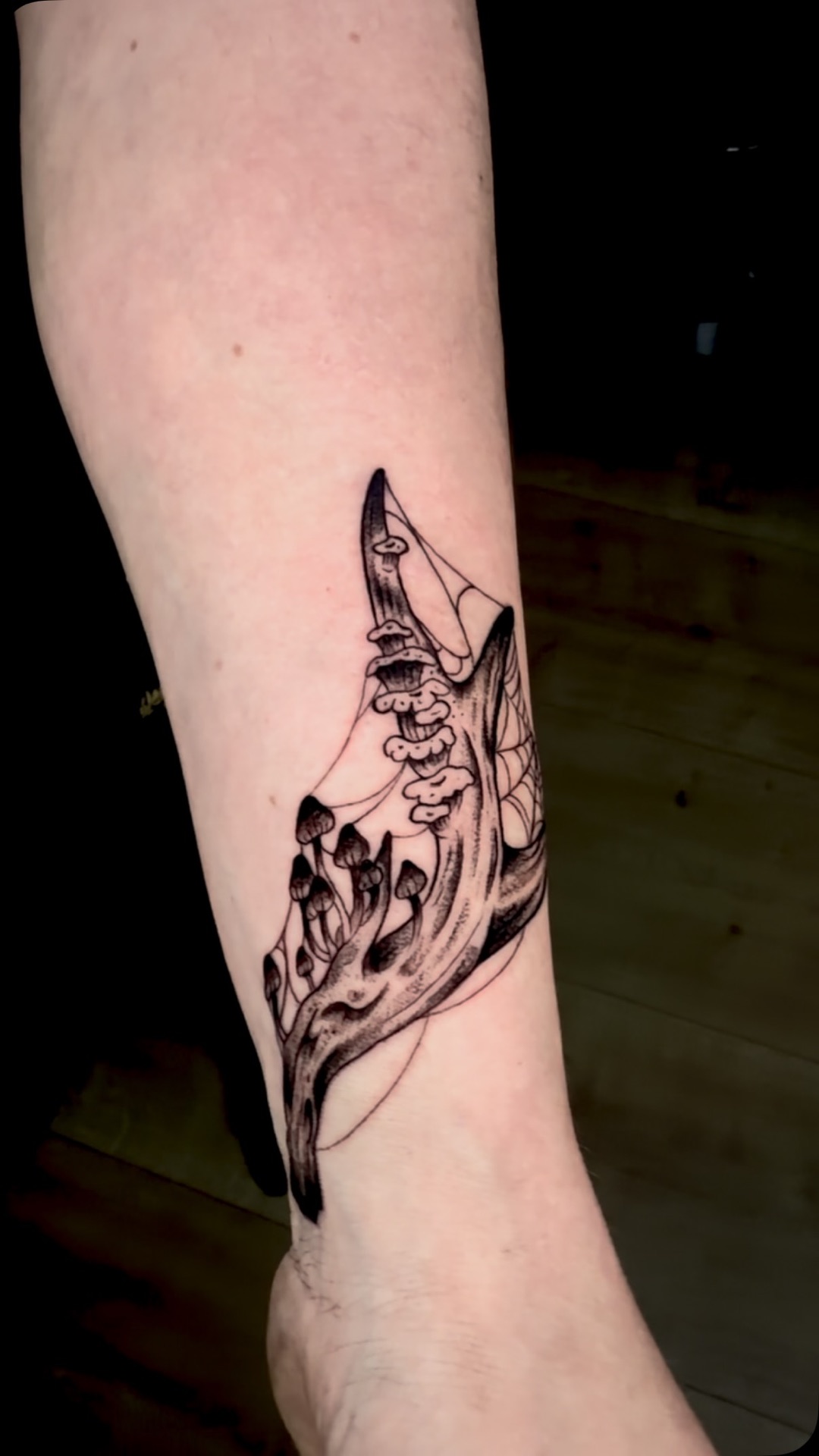 Zwart-grijze tattoo van een dierenschedel met paddenstoelen en spinnenweb op een onderbeen.